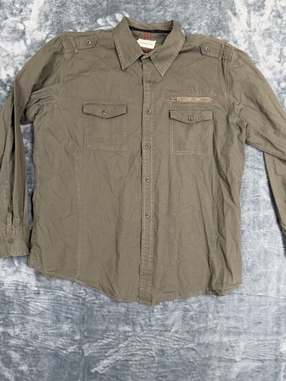 PD&C Mens Olive Green Button-Up Shirt XL Long Sleeves Utility Pockets Cotton